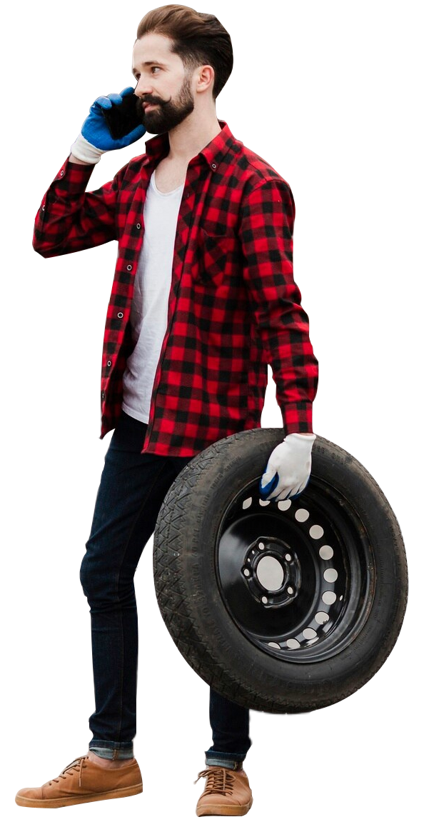 Man Holding Tire Talking